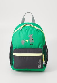 Green nylon backpack with gray and black accents, featuring colorful animal graphics, a front zip pocket, side mesh pockets, and sturdy handles.