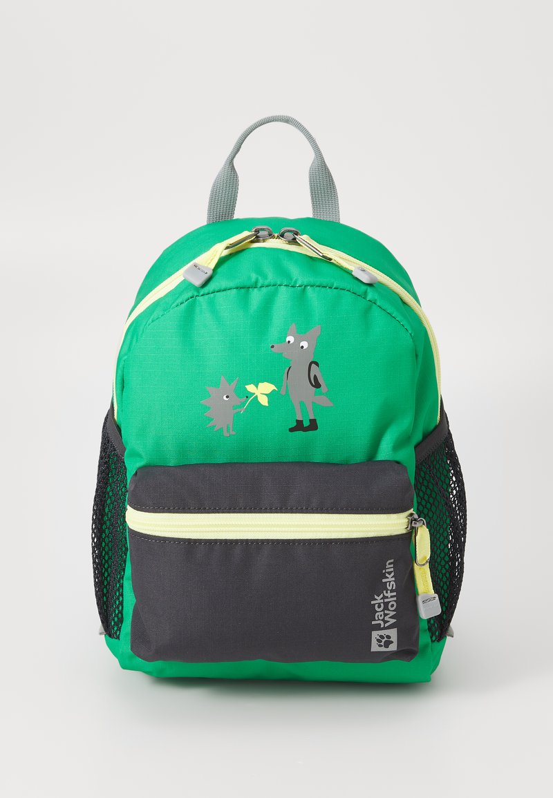 Green nylon backpack with gray and black accents, featuring colorful animal graphics, a front zip pocket, side mesh pockets, and sturdy handles.