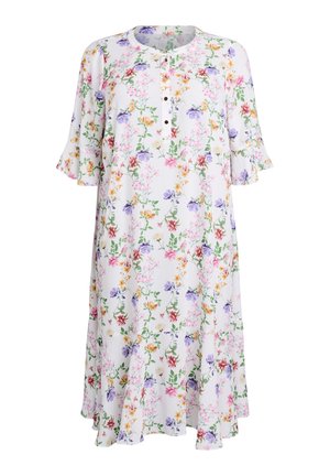 Vestido blanco hasta la rodilla con estampado floral multicolor, escote redondo, mangas cortas con volantes y abertura frontal con botones.