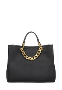 Borsa tote in pelle nera con finitura texturizzata, dotata di un manico a catena dorata e di doppi manici corti per il trasporto.