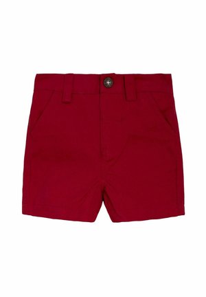 Shorts de algodón rojos con cierre de botón, trabillas para cinturón y dos bolsillos laterales. Textura suave y corte casual, adecuados para clima cálido.