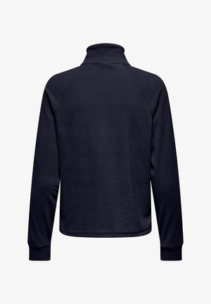 Chaqueta de forro polar de manga larga en un azul marino oscuro, vista desde la parte posterior, con un cuello alto y puños ajustados.