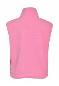 Měkká růžová fleecová vesta bez rukávů s vysokým límcem, zobrazená zezadu na bílém pozadí.