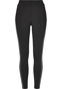 Fekete leggings rugalmas anyagból, magas derékkal és fehér oldalcsíkokkal a lábszárakon. Sima textúra, testhezálló kialakítás.