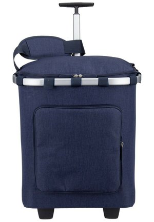 Borsa termica morbida blu navy con ruote, manico telescopico, tasca frontale con cerniera e tracolla imbottita.