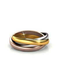 Anello a tre bande con design intrecciati in oro rosa, oro giallo e argento. Texture lisce con una finitura lucida e una leggera lucentezza.