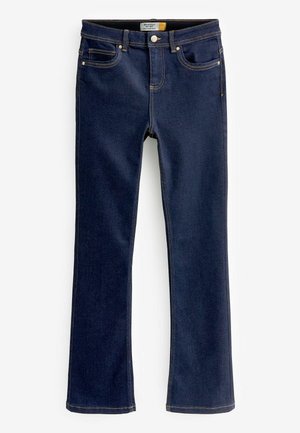 Bootcut jeans in dark blue denim with gold stitching, five-pocket design, and a straight leg that flares slightly at the hem.