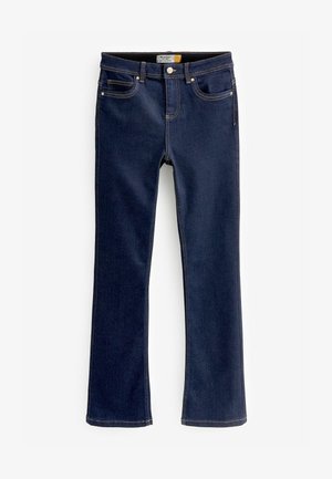 Jeans bootcut in denim blu scuro con cuciture dorate, design a cinque tasche e gamba dritta che si allarga leggermente all'orlo.