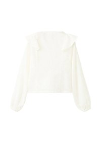 Cropped blouse bianca con colletto arricciato, maniche lunghe a sbuffo e tessuto texturizzato. Design semplice senza motivi visibili o componenti metallici.