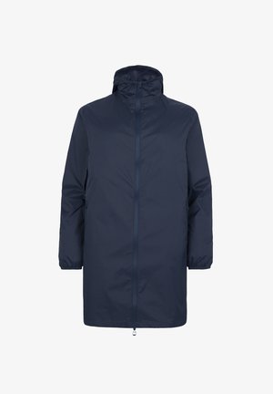 Navyblauwe waterdichte regenjas, met een hoge kraag, een rits aan de voorkant en elastische manchetten, met een recht model en zonder zichtbare patronen.