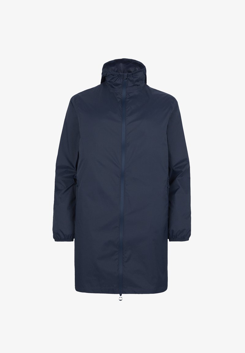 Giacca da pioggia impermeabile blu navy, con colletto alto, zip frontale e polsini elasticizzati, dal taglio dritto e senza motivi visibili.