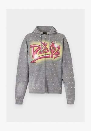 Hall lukuga kapuutsiga dressipluus väikeste valgete ruudukujuliste kaunistustega ja suure punakollase grafitikujundusega "DSQUARED2" logoga ees.