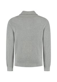 Lichtgrijze, geribbelde breisweater met lange mouwen en een omgeslagen kraag. Heeft een relaxte pasvorm en een gestructureerde stof overal.