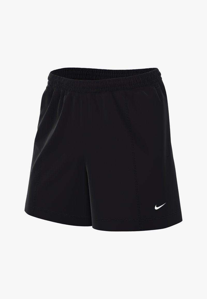 Čierne športové kraťasy vyrobené z ľahkej tkaniny. Majú elastický pás, švy a malé biele logo Nike na prednej strane.