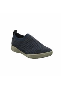 Slipschuhe mit einem strukturierten navy-blauen Strickobermaterial, grauer Gummisohle und einem weichen Bündchen um den Knöchel für zusätzlichen Komfort.