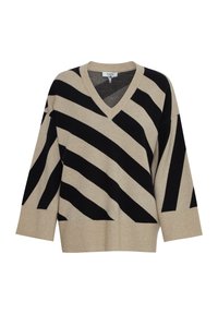 Pull-over en V beige avec de larges rayures noires diagonales. Manches longues avec des poignets et un ourlet côtelés. Texture douce, coupe décontractée.