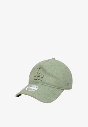 Grüner Wollhut mit gesticktem "LA"-Logo, gebogenem Schirm und verstellbarem Riemen hinten. Verfügt über eine strukturierte Oberfläche und eine weiche Haptik.