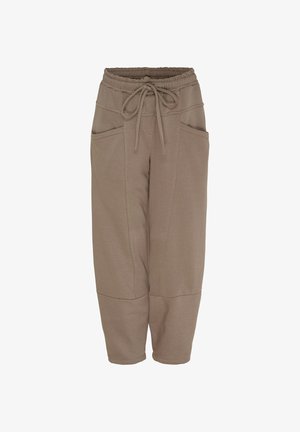 Taupefarvede cropped joggingbukser med elastisk linning, snøre foran og store sidelommer.