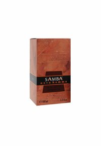 Brun kartonglåda med präglad textur, med svart accentband och vit text för "Samba nova homme," 100 ml.