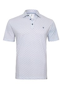 Korte mouw polo shirt in lichtblauw en wit met een geometrisch patroon. Bevat een kraag, een knoopsluiting met drie knopen en een geborduurd logo.