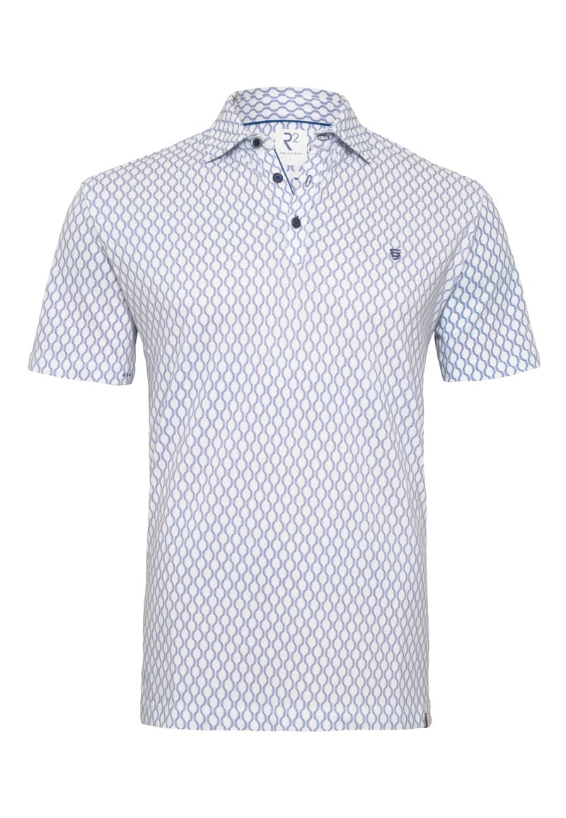Korte mouw polo shirt in lichtblauw en wit met een geometrisch patroon. Bevat een kraag, een knoopsluiting met drie knopen en een geborduurd logo.