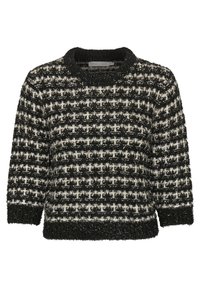 Pull à carreaux noir et blanc avec une texture pelucheuse, col rond et manches trois-quarts ; comporte des poignets et un ourlet côtelés.