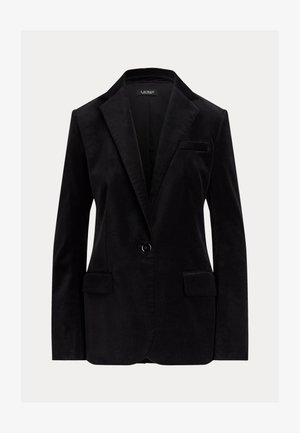 Schwarze Samt-Blazer mit Reverskragen, Ein-Knopf-Verschluss und zwei Fronttaschen. Glatte Textur mit taillierter Passform.
