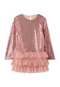 Abito rosa con maniche lunghe, corpetto ricoperto di paillettes e gonna in tulle a strati con volant. Presenta scollatura rotonda e chiusura con bottoni sul retro.