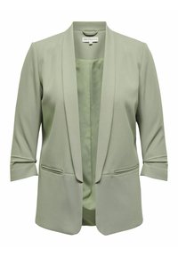 Blazer vert clair à ouverture frontale, manches trois-quarts et poches passepoilées, doté d'une doublure intérieure lisse et d'une coupe ajustée.