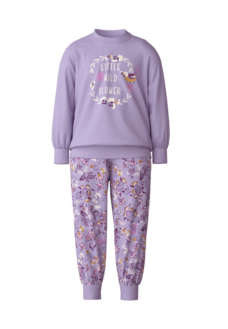 Lavender sweatshirt with floral graphic reading "Little Wild Flower" and matching elastic-cuffed pants featuring a colorful floral pattern.