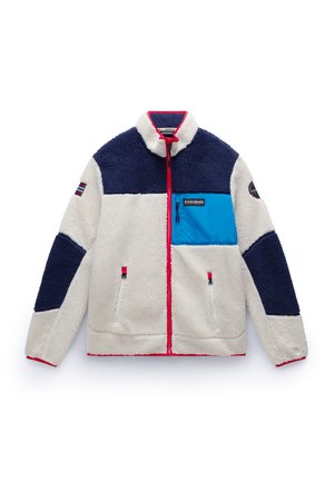 Fleece bunda s vysokým límcem, krémové tělo, námořnické a tyrkysové akcenty, červený zip, dvě přední kapsy a nášivka s logem na hrudi.