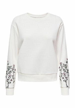Felpa bianca con maniche lunghe, caratterizzata da ricami floreali in rosa e verde sulle maniche. Tessuto morbido con vestibilità rilassata.
