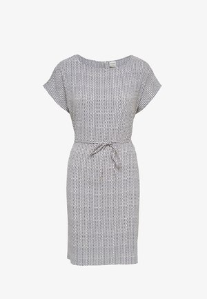 Gemustertes Kleid mit runder Ausschnitt, kurzen Ärmeln, tailliertem Bund mit Bindegürtel und einem geometrischen Druck in Schwarz und Weiß. Weicher Stoff.