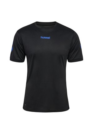 Schwarzes Sportshirt mit kurzen Ärmeln, blauem "hummel"-Logo auf der Brust und blauem Chevron-Muster auf den Ärmeln.