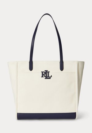 Béžová plátěná taška přes rameno s tmavě modrými koženými rukojeťmi a lemováním na dně, na přední straně uprostřed s tmavě modrým logem "RLL".
