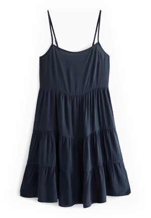 Ärmelloses schwarzes Kleid mit dünnen verstellbaren Trägern und einem gestuften, gerafften Rockdesign.