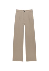 Pantaloni beige a gamba ampia con frontale piatto, chiusura con un bottone e tasche laterali, realizzati in tessuto morbido con dettagli di design minimi.