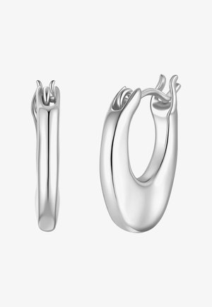 Par af polerede sølv hoops-øreringe med en glat, let fladtrykt oval form og hængslet låsemekanisme.