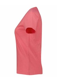 Kurzärmliges T-Shirt in Korallenpink. Weicher Baumwollstoff, klassisches Rundhalsausschnittdesign mit taillierter Silhouette und glatter Textur.