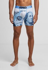Herre boxer briefs med et blått pengemotiv, laget av stretchy stoff, med en svart midjebånd som viser merkevarenavnet.
