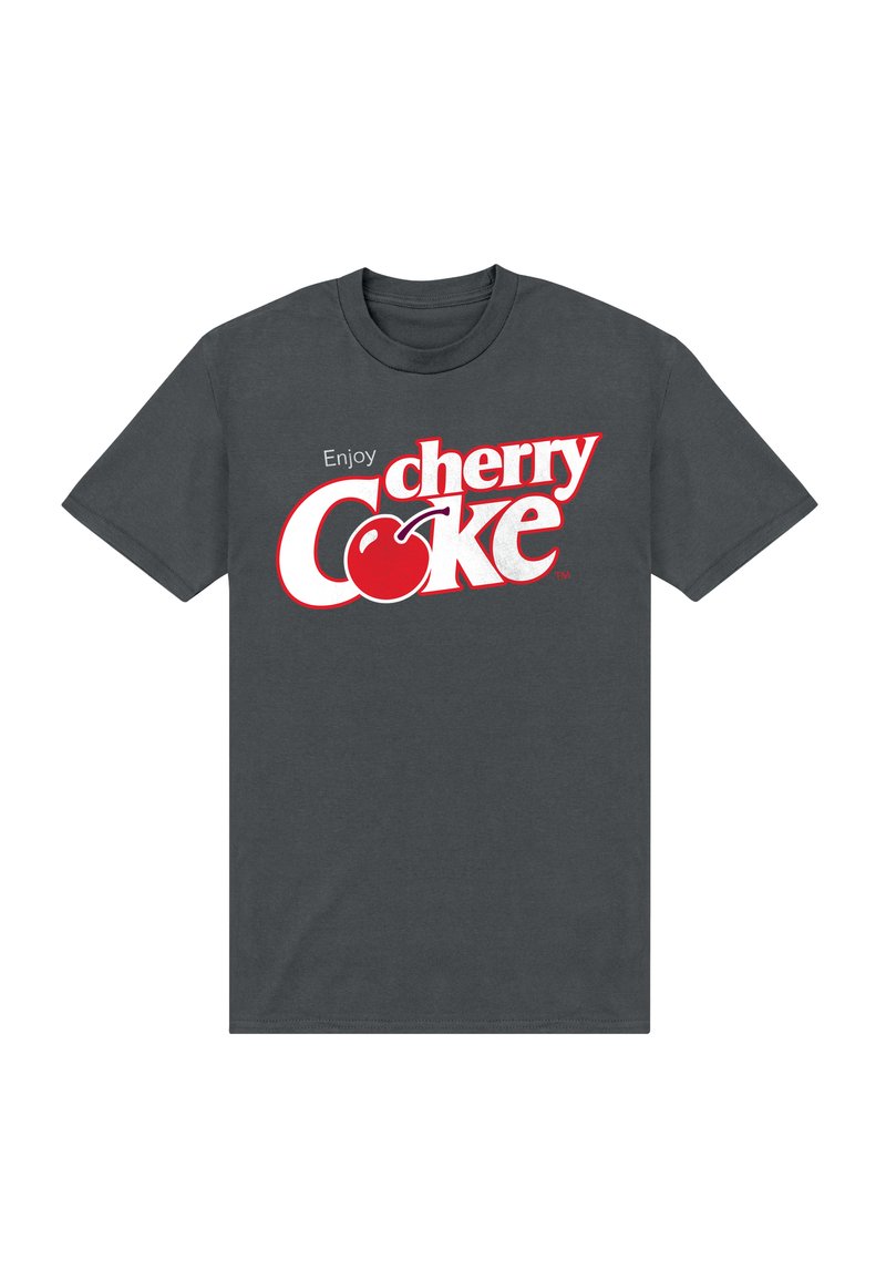 Šedé bavlněné tričko s velkým červeným a bílým grafickým nápisem "Užijte si Cherry Coke" s ilustrací třešně. Krátké rukávy.
