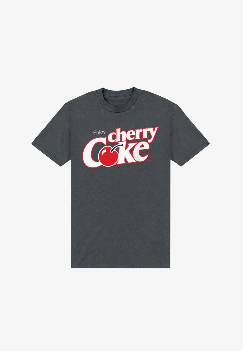 Šedé bavlněné tričko s velkým červeným a bílým grafickým nápisem "Užijte si Cherry Coke" s ilustrací třešně. Krátké rukávy.