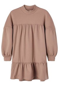 Brun, knælang kjole med en høj ribbet halsudskæring, ballonærmer og en samlet, lagdelt kant, lavet af et blødt, strækbart stof.