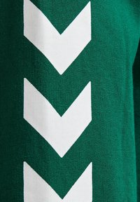 Zielony dzianinowy element odzieży z dużymi białymi wzorami w zygzak. Gładka tekstura, średniej wagi materiał z dopasowanym krojem.