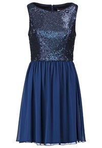 Námořnické šaty s korálkovým tělem a splývavou šifonovou sukni. Bezramenný design s kulatým výstřihem a uzávěrem na zip na zadní straně.