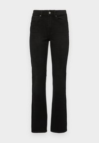 Black denim jeans with a flared leg design, mid-rise waist, five pockets, and a button closure. The material has a smooth, sturdy texture.