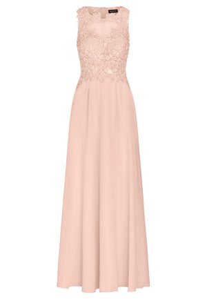 Vestido largo sin mangas en rosa suave con un corsé de encaje floral y falda fluida, con un escote redondo y forro interior.