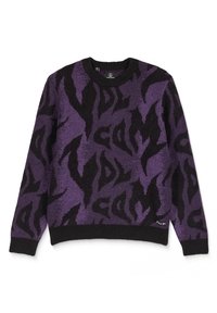 Suéter de punto morado y negro con un atrevido patrón abstracto, cuello redondo y puños y dobladillo acanalados. Logo de la marca en la parte inferior.