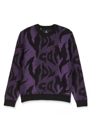 Suéter de punto morado y negro con un atrevido patrón abstracto, cuello redondo y puños y dobladillo acanalados. Logo de la marca en la parte inferior.