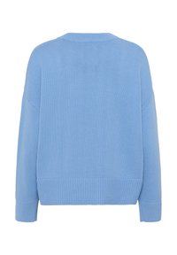 Weiches, hellblaues Sweatshirt mit gerippter Textur, abgesenkten Schultern und Rundhalsausschnitt. Hat eine lockere Passform sowie gerippte Bündchen und Saum.